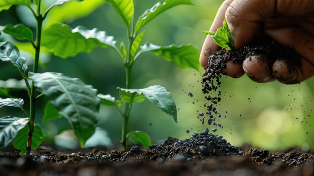coffee grounds being added to baby vegetables plant as natural organic fertilizer rich in nitrogen for growth ai generated