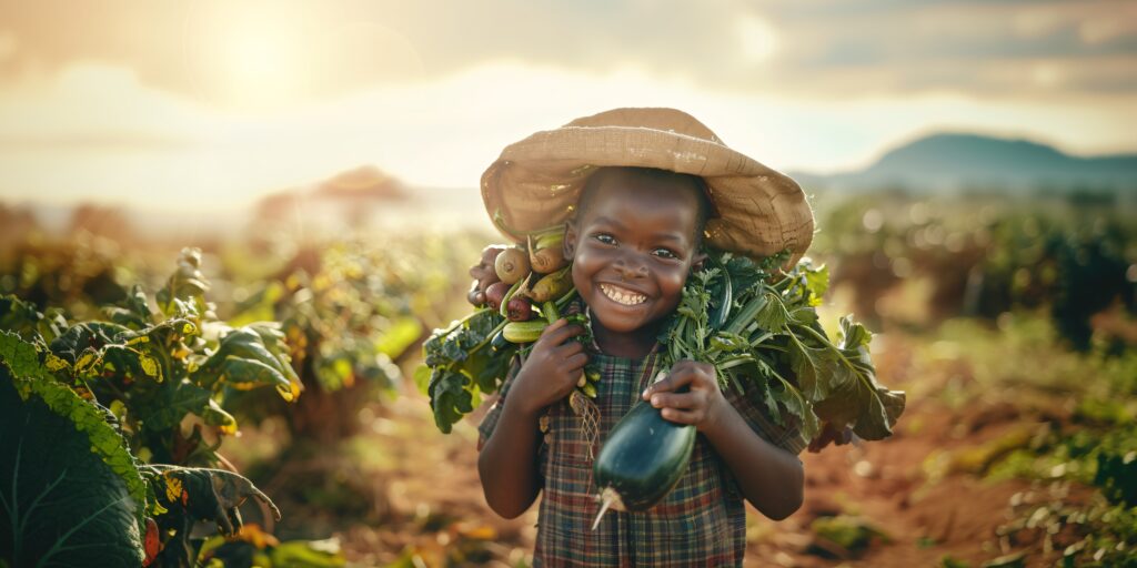 photorealistic african people harvesting diverse vegetables grains