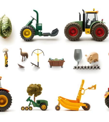 a set of toy farm equipment, agriculture, play, education, isolated on white background