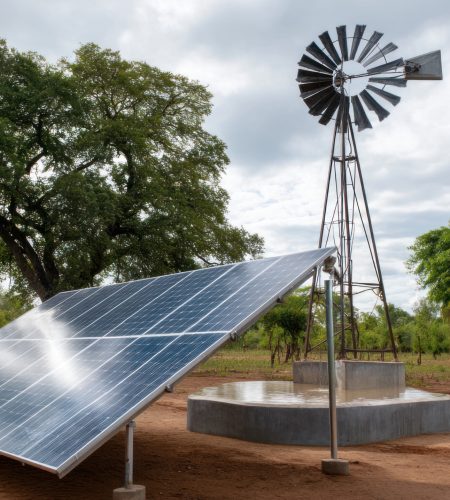water pumps and solar panels. groundwater is pumped with a submersible pump from clean energy or solar energy converted to electric energy on an agricultural farm